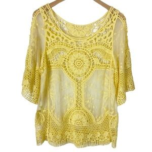 VINTAGE Y2K Yellow Mesh Crochet Lace Top Medium Beach Cover-Up Swim Festival